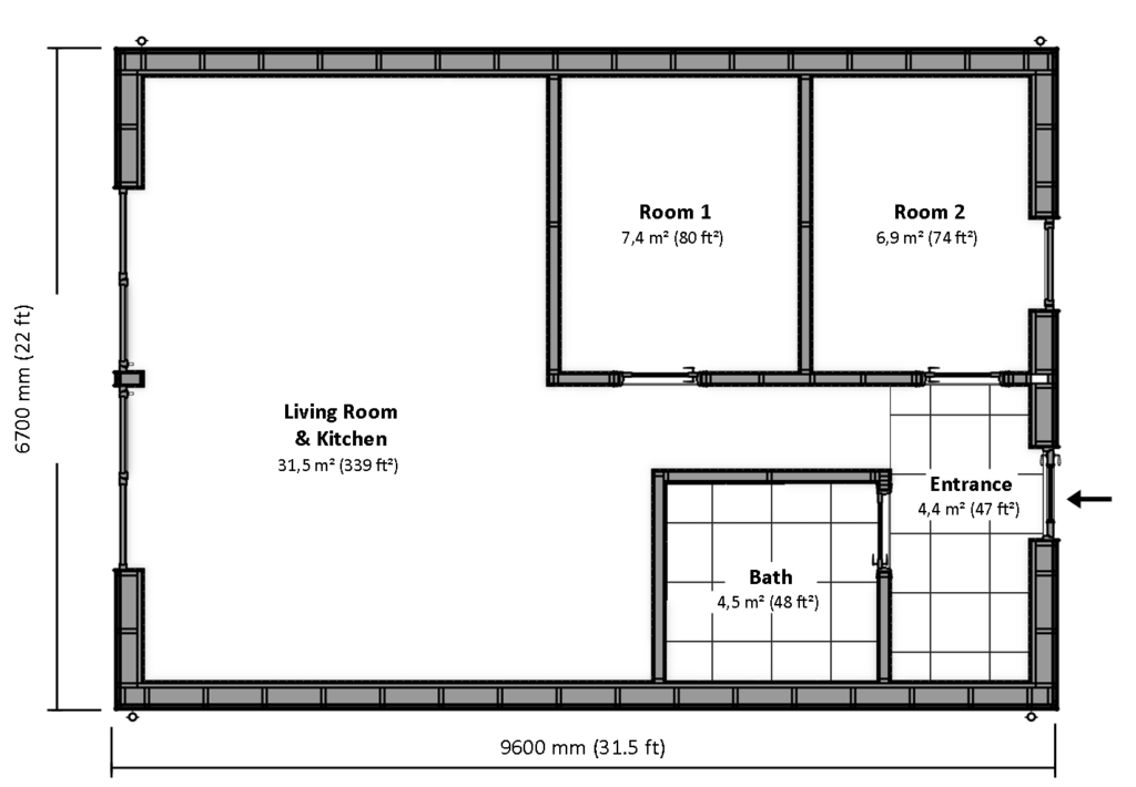 Birch 64-01 floor plan with dimensions