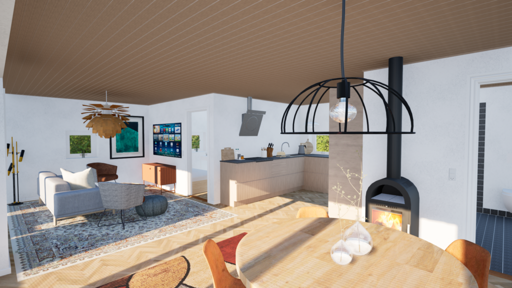 The SketchUp model rendered, kitchen view