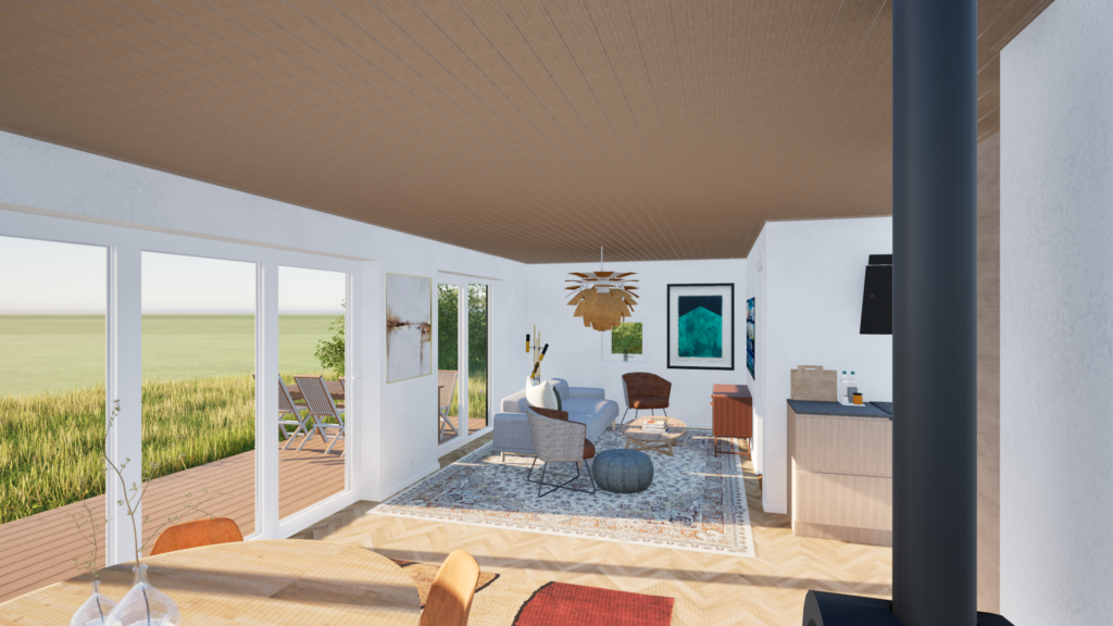 The SketchUp model rendered, living room view